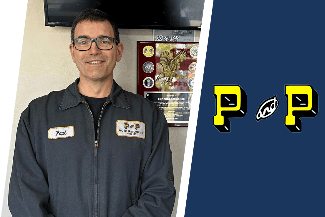 A man wearing glasses and a work jumpsuit with a "Paul" name patch stands in front of a wall plaque; next to him is a graphic with two yellow "P" letters and a leaf.